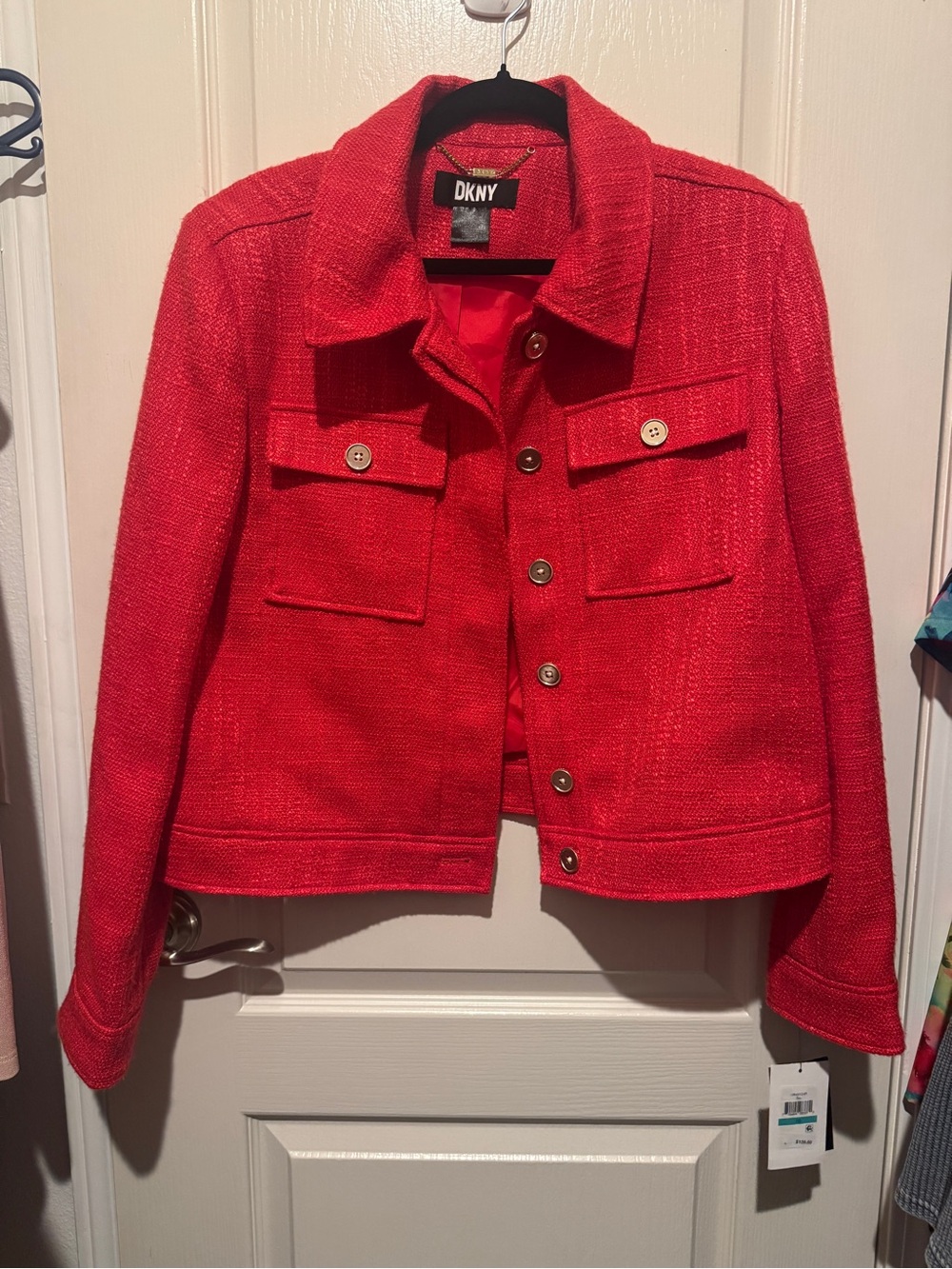 DKNY Women's Red Tweed Button-Front Jacket and Matching Skirt